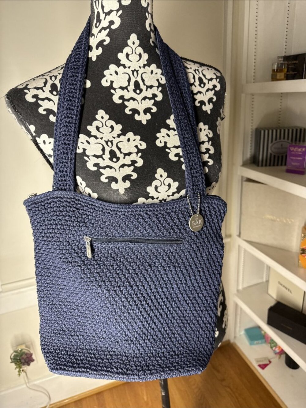The SAK Original Crochet Knit Shoulder Bag Purse BLUE Zipper Medium Size